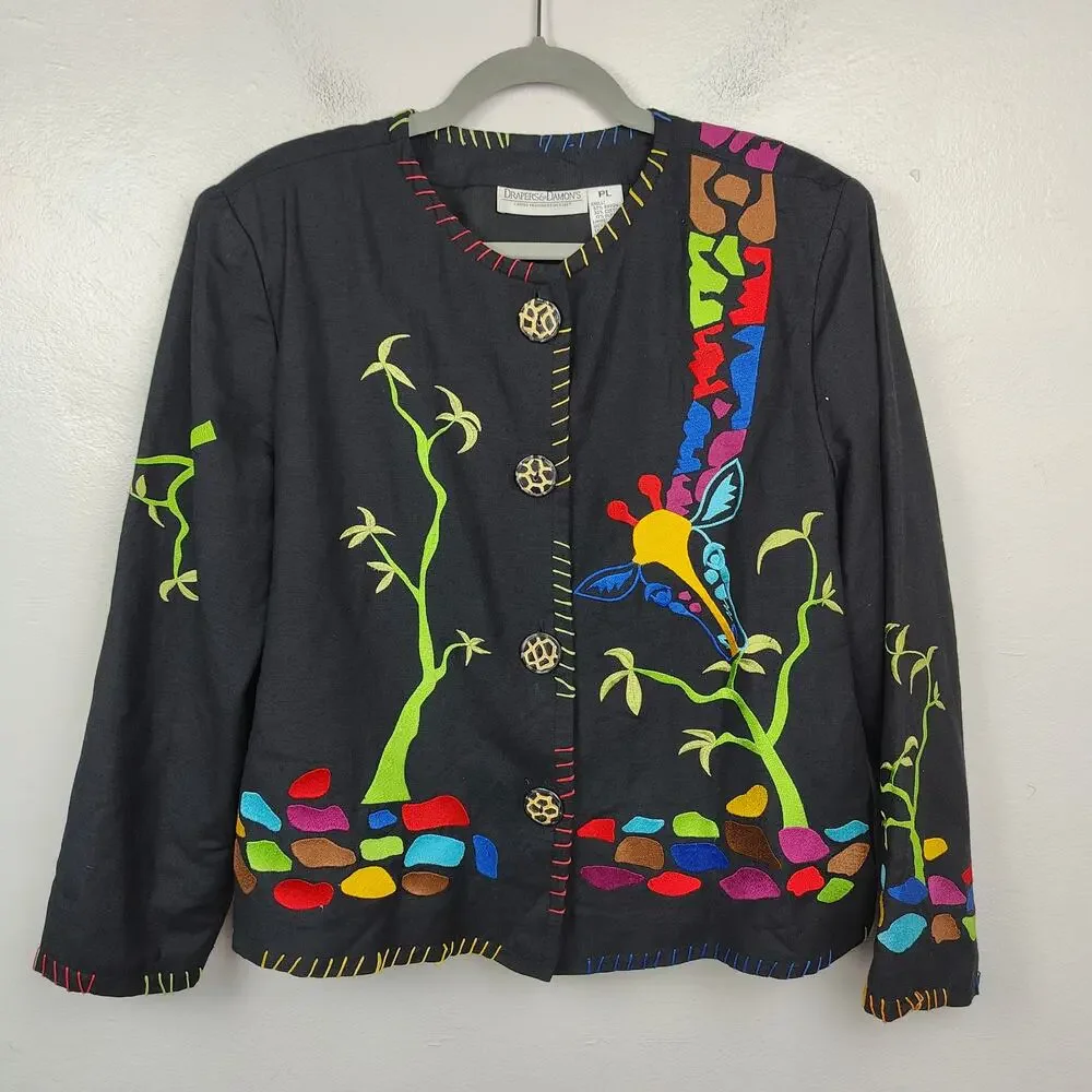 Vintage Drapers & Damons Giraffe Embroidered Cardigan Womens Petite Large Black